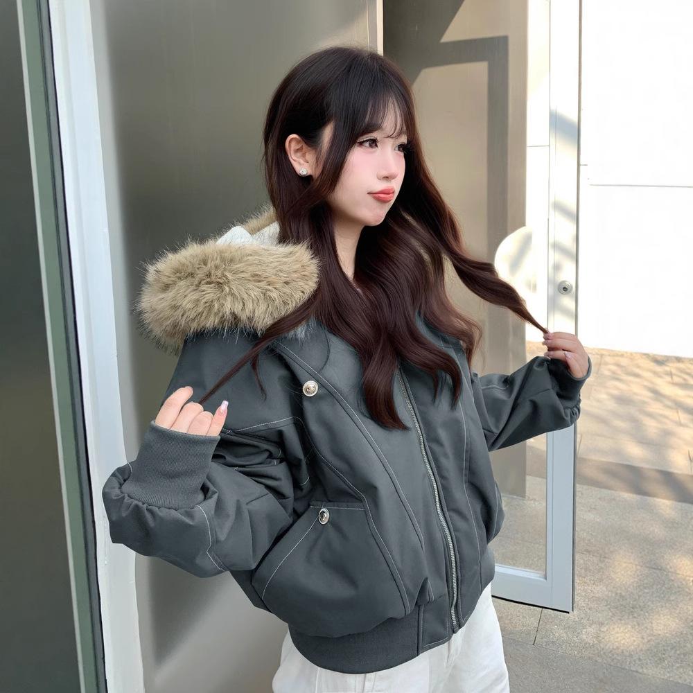 Retro Mountain Sculpture Large Fur Collar Cotton Jacket for Women In Winter, Loose and Thickened Short Work Clothes
