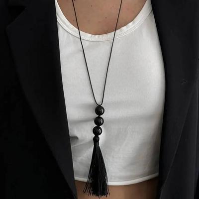 Salircon Bohemian Black Acrylic Beaded Necklace for Women Charms Adjustable Long Tassel Sweater Chain Party Jewelry Accessories