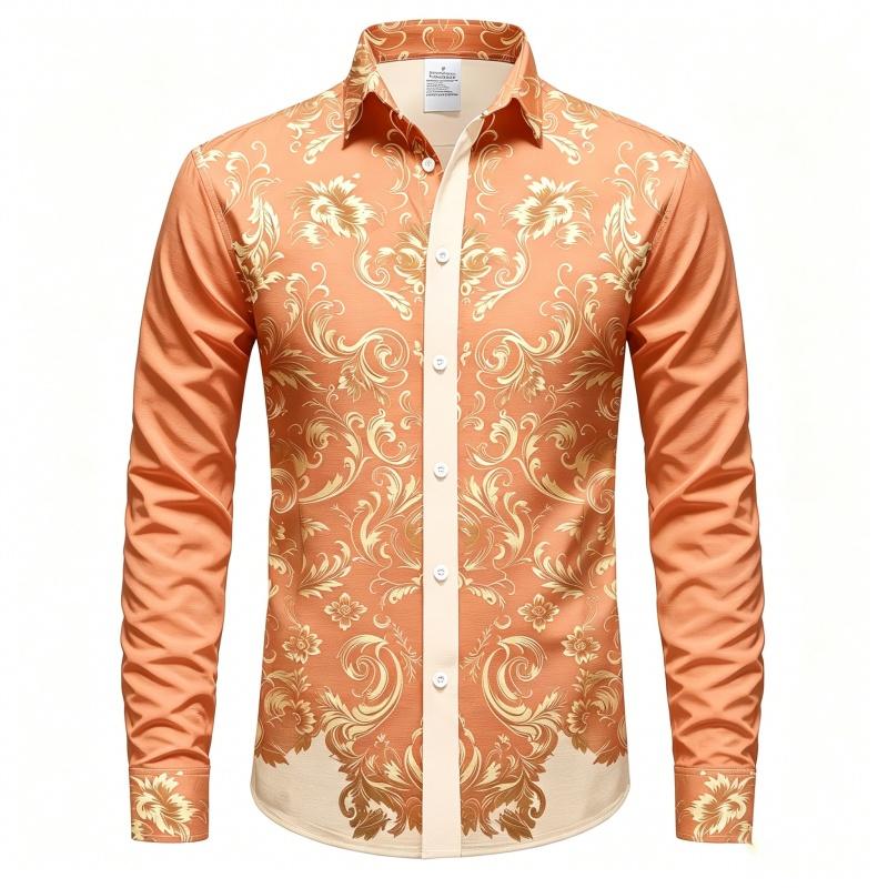 2026 Men's Shirt Long Sleeved Shirt Navy Blue Retro Vine Print Contrasting Shirt Casual Vacation Light Luxury Trendy Top