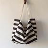 Large Capacity Black White Stripe Bag Ctrast Color Simple Stripe Canvas Handbag Magnetic Buckle Korean Style