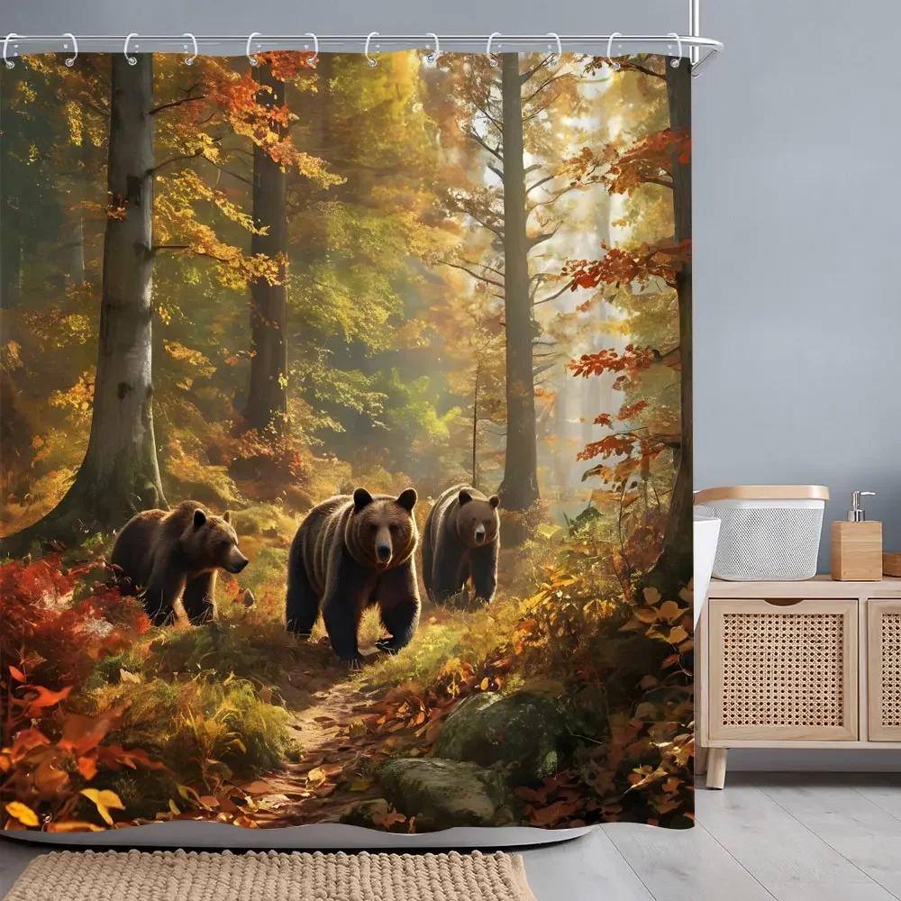 Herbstwald Hirsch Duschvorhang Fluss Sonnenuntergang Rustikale Scheune Thanksgiving Polyesterstoff Badvorhänge Badezimmerdeko mit Haken