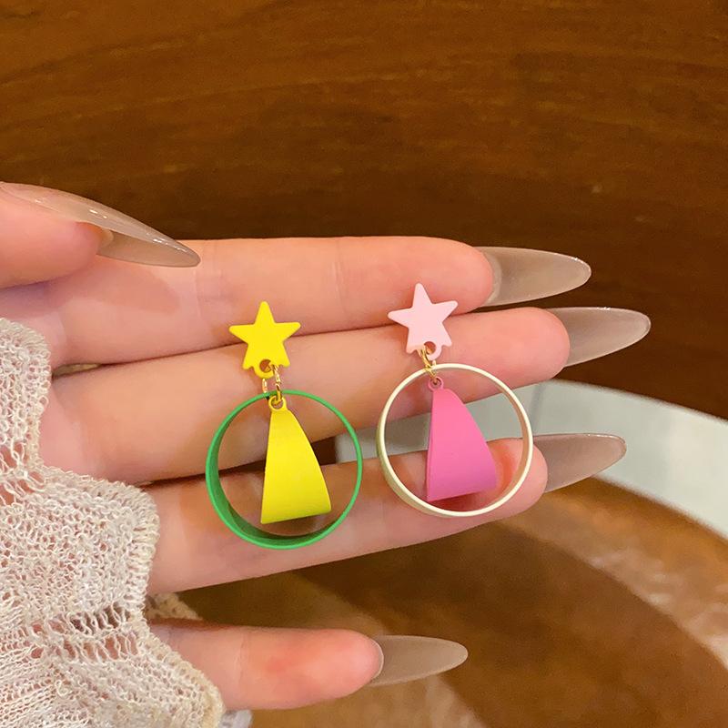 Dopamine Color Circle Earrings Women's Summer Personality Sweet Versatile Silver Needle Earrings Fashion Design Contrasting Color Earrings
