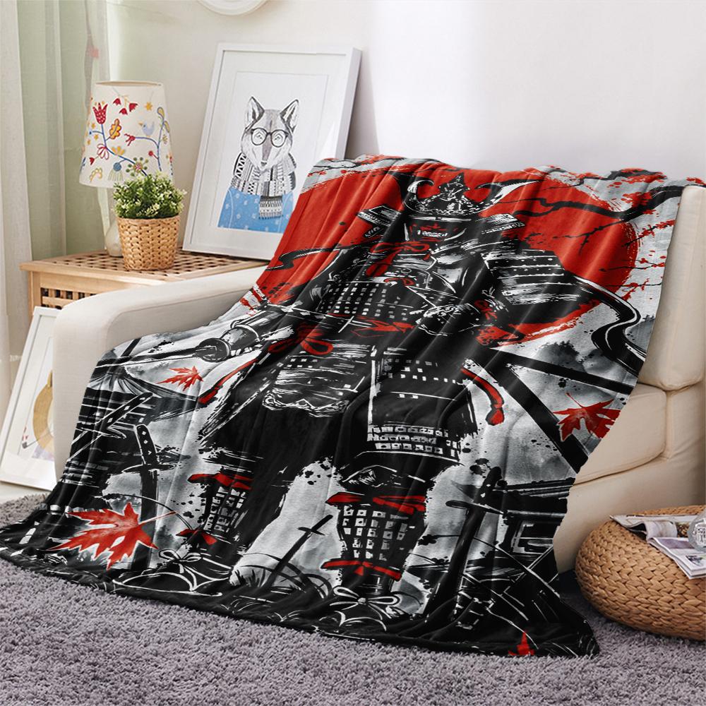 1Pc Japanese Samurai Print Flannel Blanket, High quality Comfortable for All Seasons, Home Decor, Warmth and Comfort, Perfect for Christmas Gifts