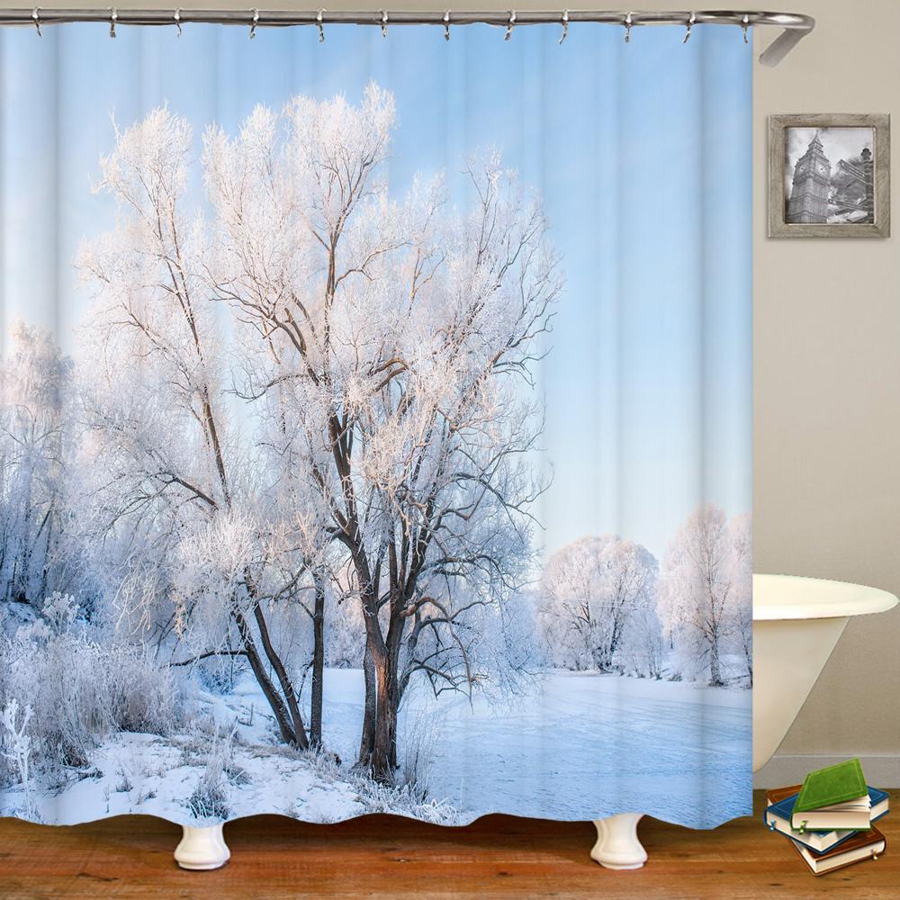 Natural Landscape Shower Curtains Bathroom Curtain Snow Scene Cedar Waterproof Polyester Bath Curtain Home Decorationwith Hooks