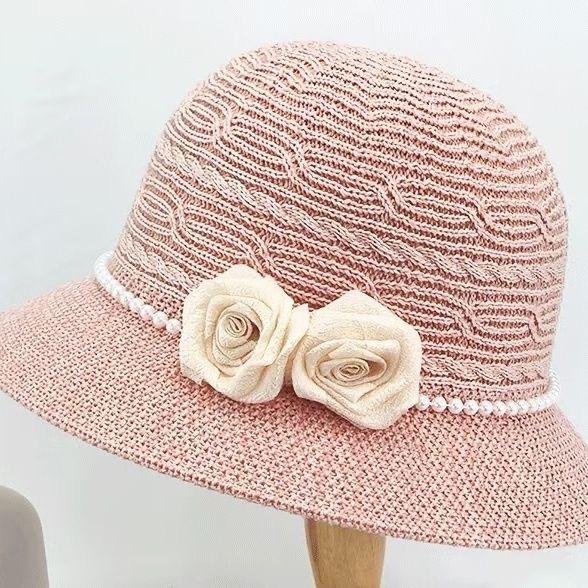 French Elegant Flower Pearl Knitted Fisherman's Hat Ladies Summer Fashion Face Small Shade Straw Hat Sun Hat