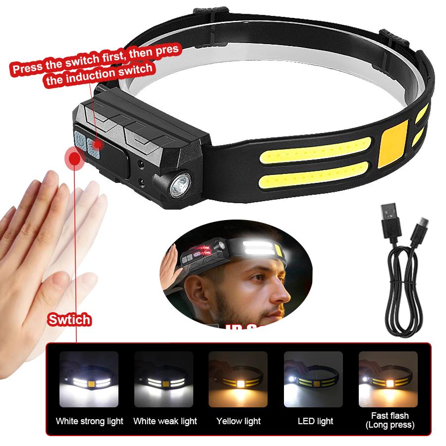 COB LED Induction Headlamp USB Rechargeable Motion Sensor Headlight 1 Light Modes Waterproof Head Torch Camping Fishing Work