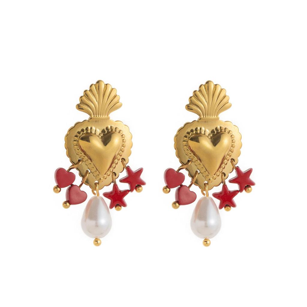Heart-Shaped Stainless Steel Shell Earrings - European and American Fashion Style, Color-Preserving Design.