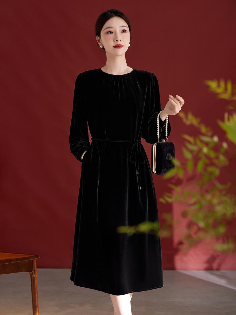 Elegantes Retro Samt-Midikleid aus Seide - Damen Bindegürtel, Langarm, Maulbeerseide für Herbst/Winter