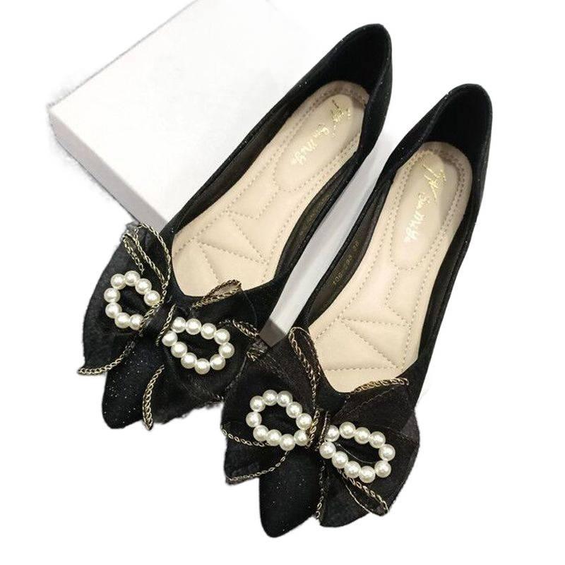 2025 New Bow Soft-soled Ladyshoes Pointed Head Shallow Mouth Fairy Flat-soled Single Shoes Femininity Bridesmaid Shoes