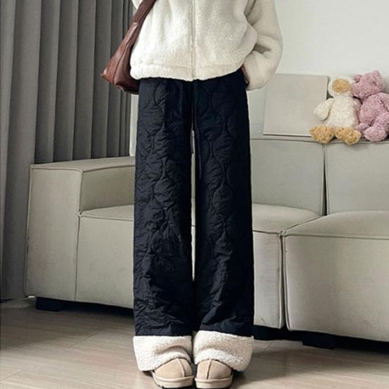 Women Cotton Pants Elastic High Waist Solid Color Wide Leg Causal Trousers with Pockets Thickened Plush Lining Winter Pants
