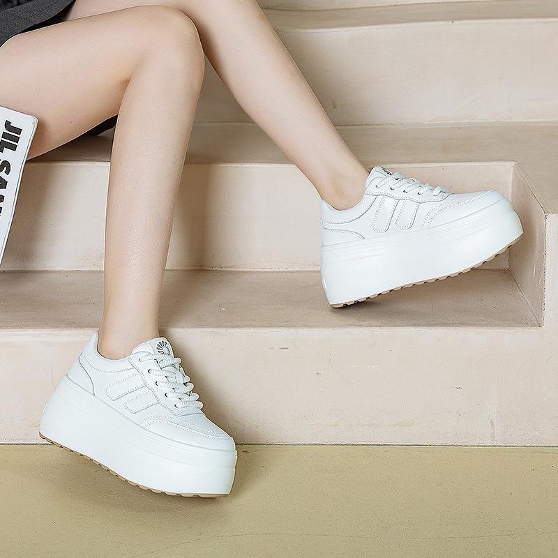 Fashion 8cm Trend Leather Women Synthetic Chunky Sneakers Spring Skateboarding Casual Platform Wedge Female Autumn Vulcanize Shoes