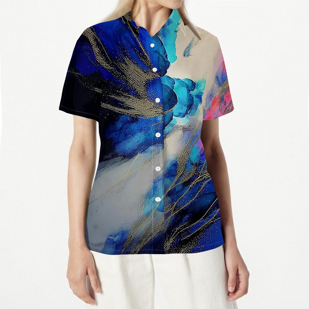 Women's Casual Button Down Shirt Short Sleeve Lightweight Summer Beach Cover Up Printed Textured Blouse for Outdoor Wear