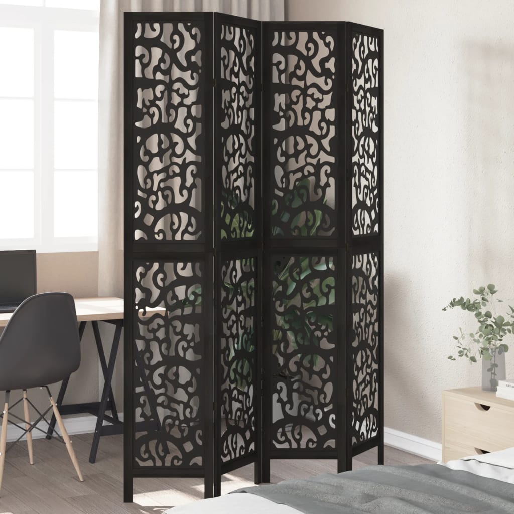 Vidaxl Room Divider, 4-Panel, Black, Solid Paulownia Wood