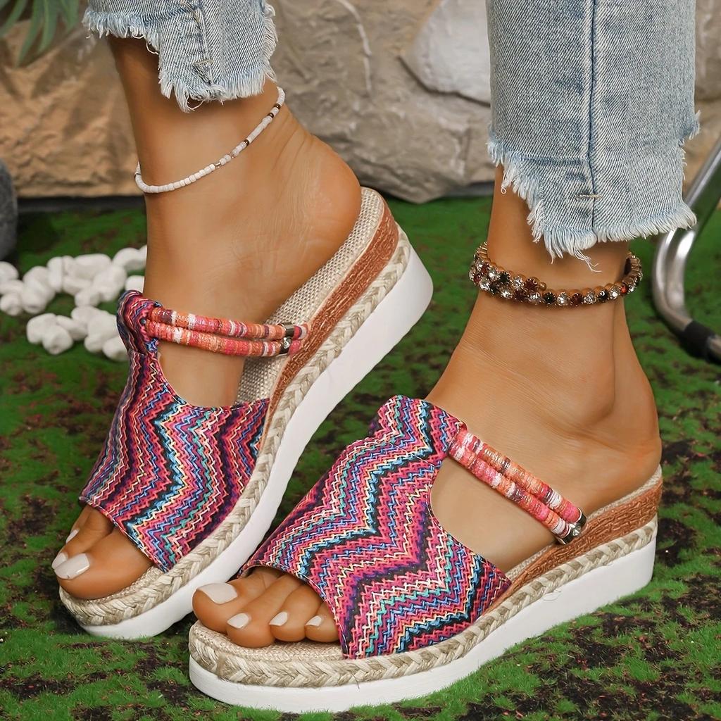 Fashion Summer New Colorful Printed Wedge Heel Slippers for Women, Fashionable Fish-mouth High-heeled Beach Slippers in Bohemia