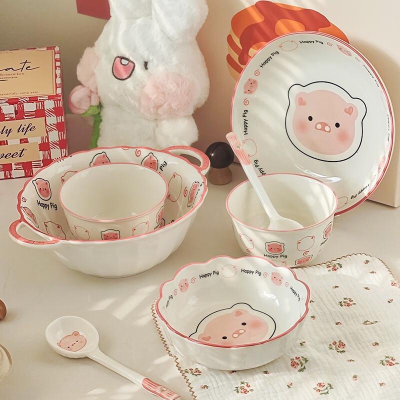 Fumai De Cute Pig 7-Piece Ceramic Rice Bowl Set