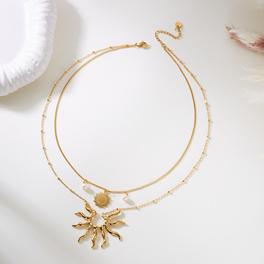 Bohemian Beach Inspired Stainless Steel Pendant Necklace With Shell And Sun Design For Women