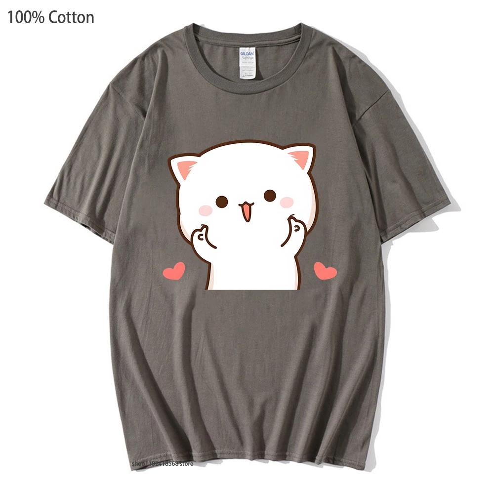 Cute Peach and Goma Mochi Cat Tshirt Women Cartoon Print Shirts Female Girls Kawaii Clothes Funny Tees Cotton Tops
