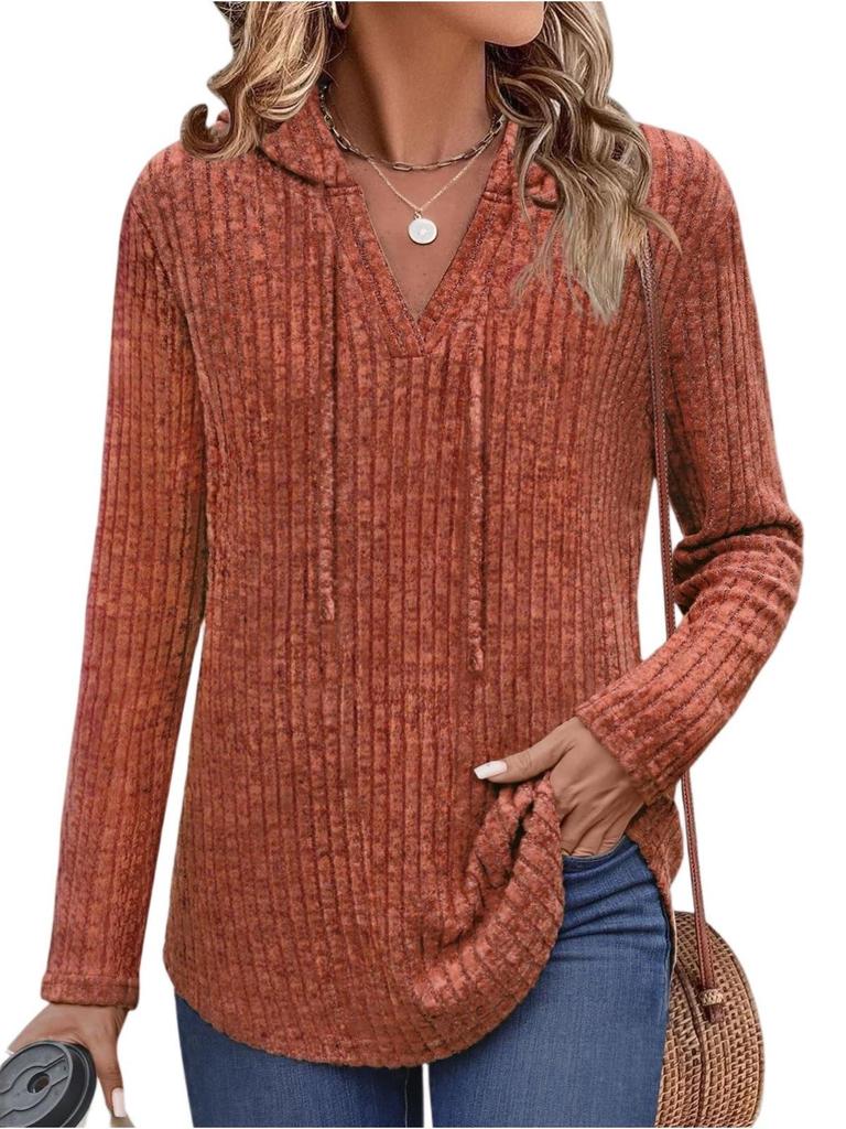 2025 Autumn/Winter Women's Plus Size V-Neck Hooded Ribbed Long Sleeve Loose T-Shirt