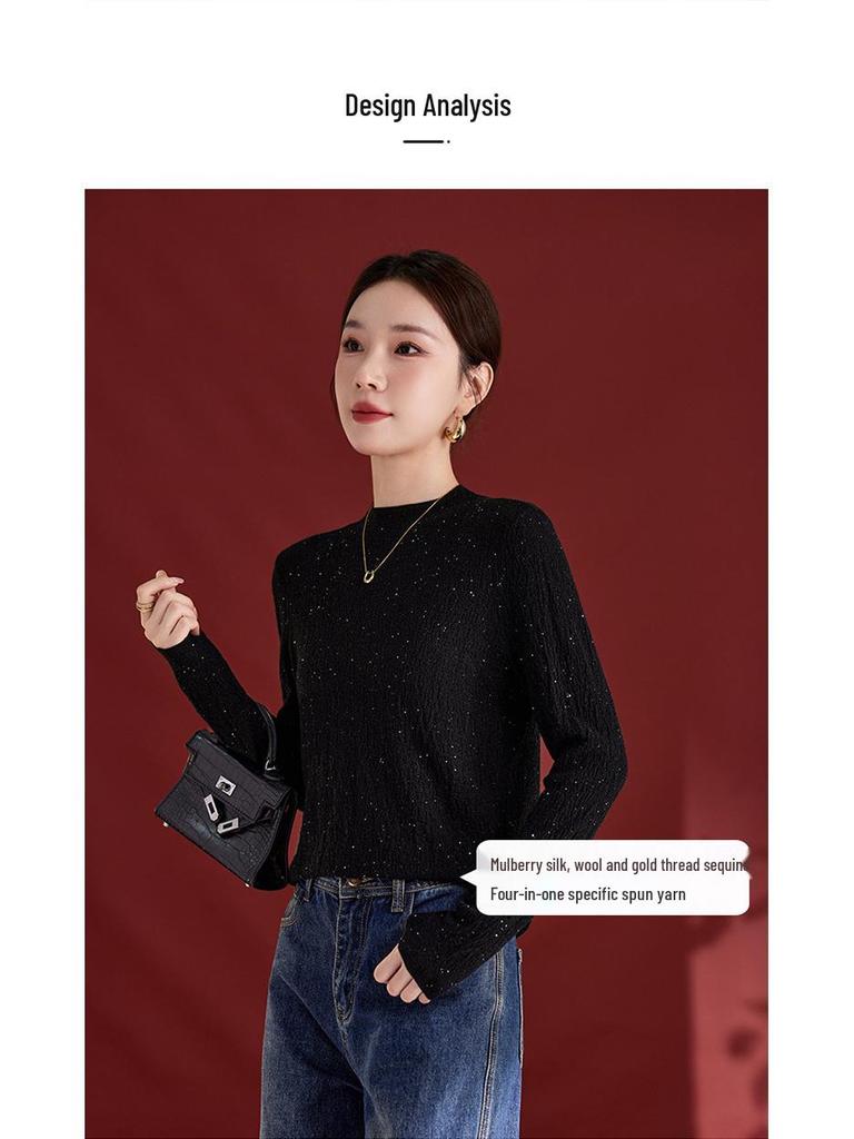 Women's Fashionable Sequin Yarn Wool Cardigan, Slim Fit Round Neck Sweater