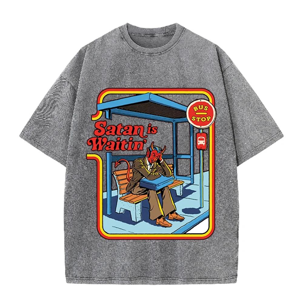 2026 Vintage Satan Is Waitin Bus Stop Graphic Washed T Shirt Men Women Retro Cartoon Oversized Short Sleeve Casual Streetwear Fa