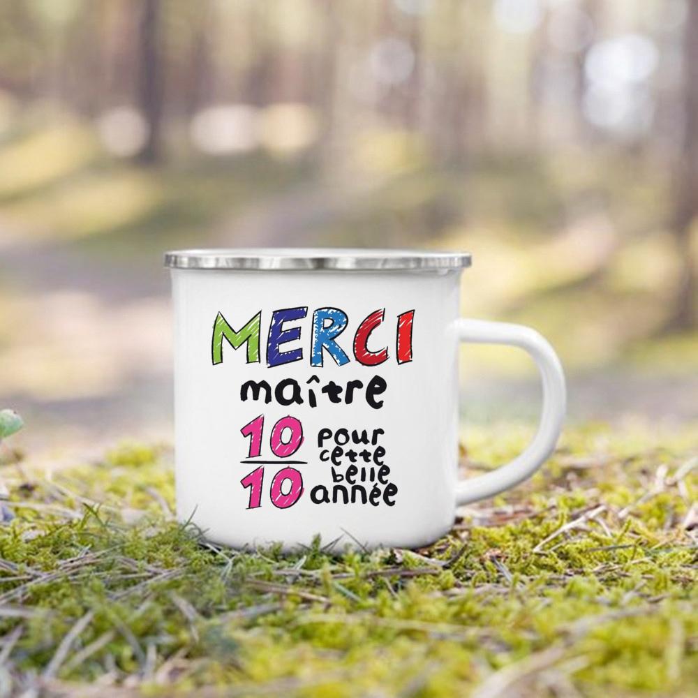 Merci Maitre French Print Mug Creative Coffee Cups Drinks Enamel Cup Vintage Handle Drinkware Thanks Graduate Gifts for Teacher