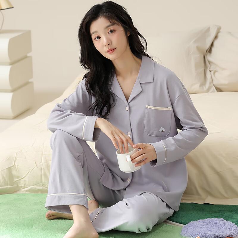 XUEXIMAN Women's Pajamas, 100% Pure Cotton Cardigan Long-Sleeve Two-Piece Set, Gentle And Sweet, Suitable for Outdoor Wear, Ladies' Sleepwear