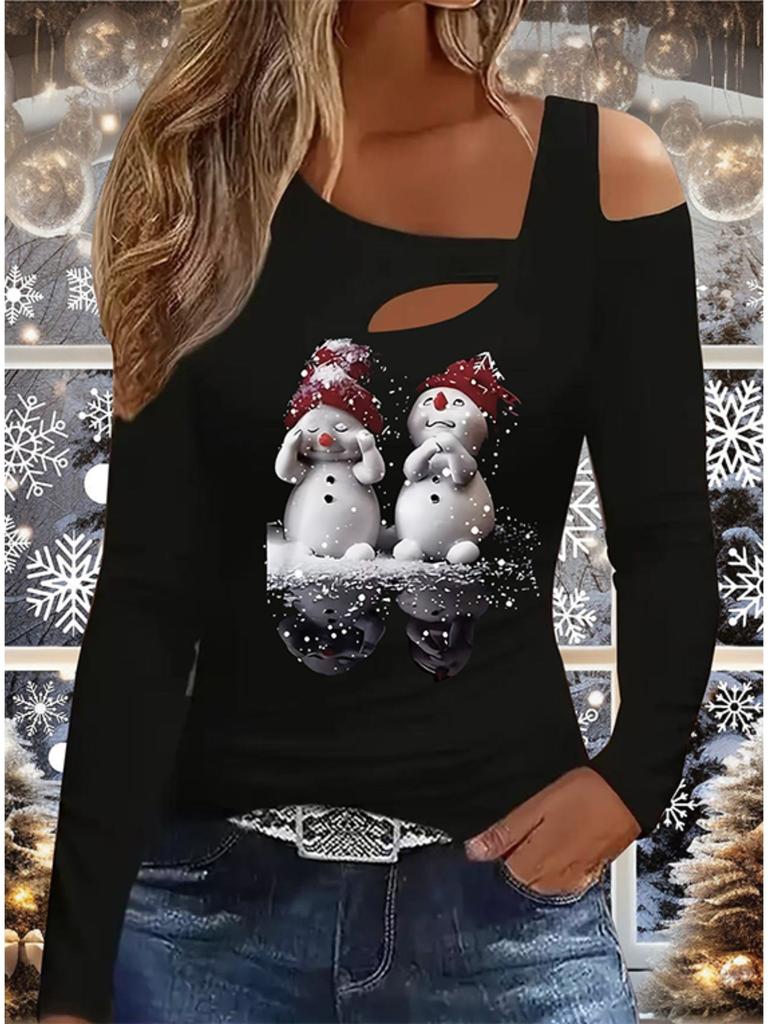 Autumn & Winter Women's New Casual  Long Sleeve Top  Christmas Pattern Ideal Halloween Christmas Gift T Shirt