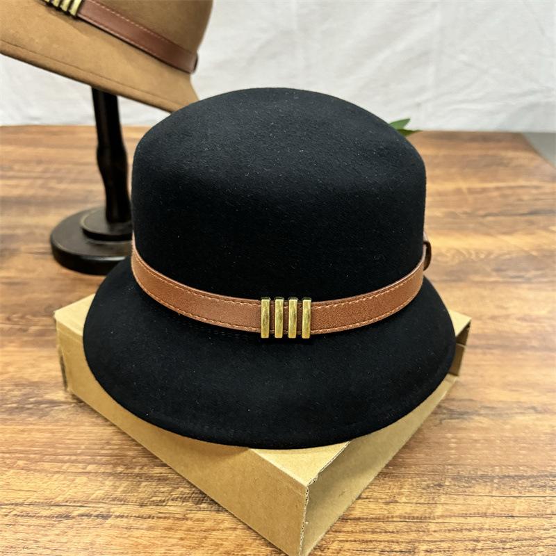 Wool Autumn and Winter Belt Buckle Wide Brim British Retro Fashion Flat Top Top Hat Hat Woolen Versatile Jazz