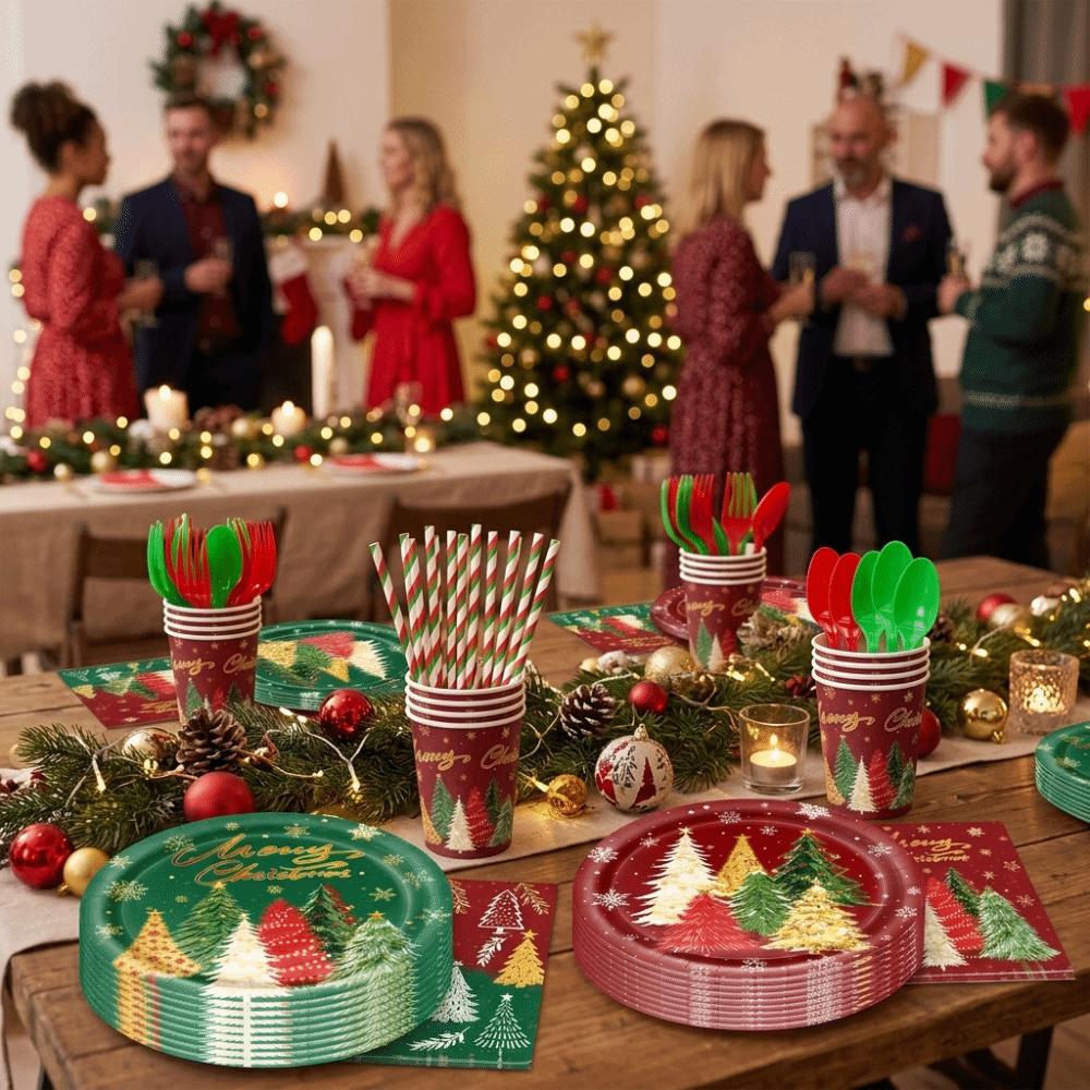 Christmas Tree Pattern Disposable Tableware Set Party Plate Cup Napkin Tablecloth  Family Dinner