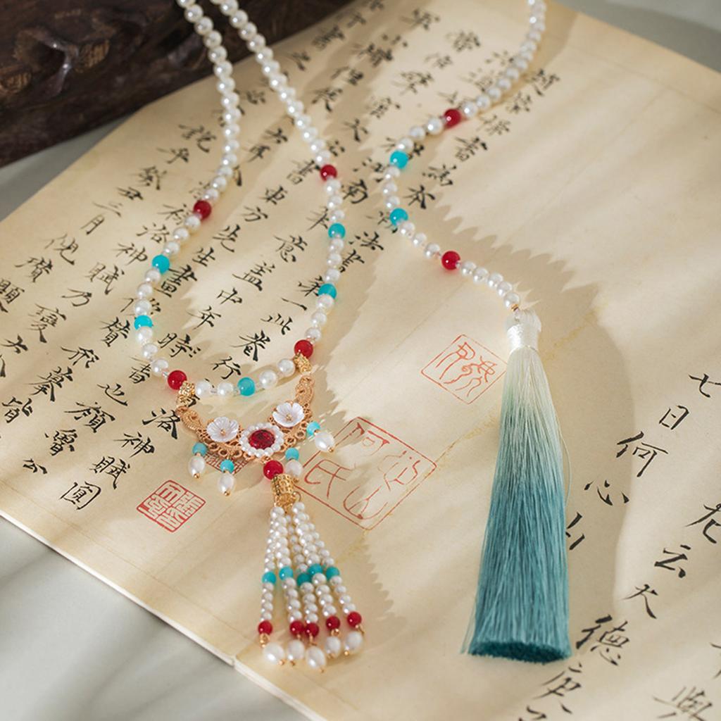 Pearls Necklace with Long Tassel Trendy Classic Style Neck Decor Necklace for Bridesmaid Wedding Masquerade