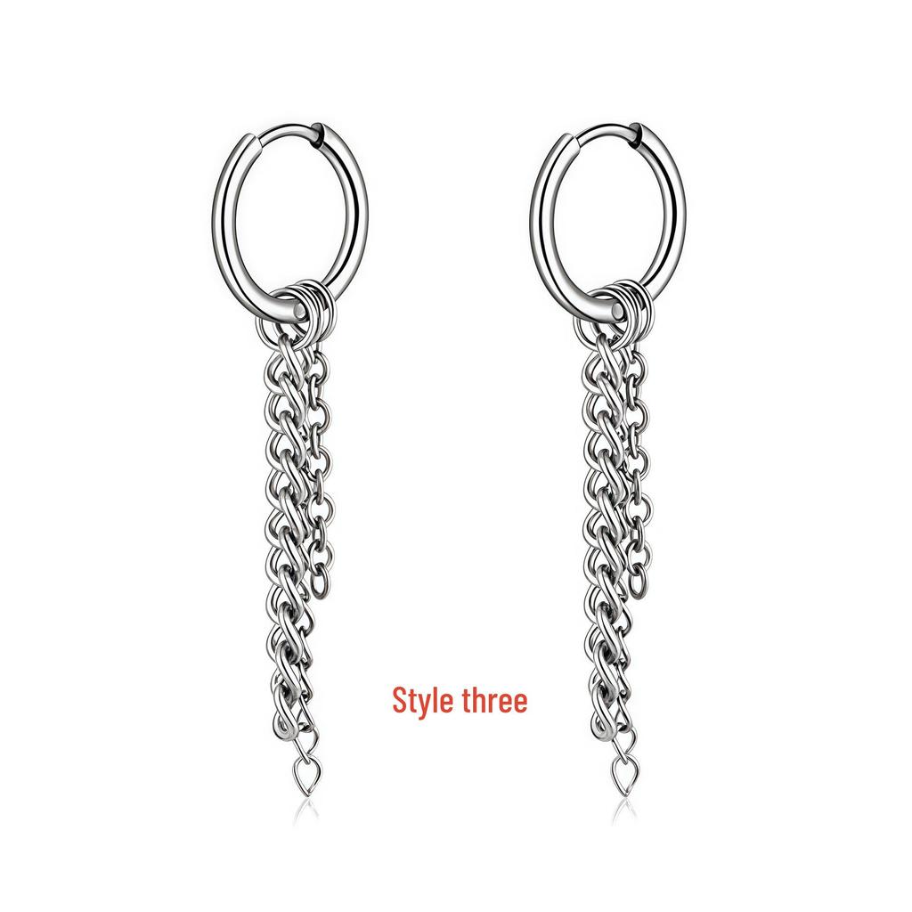 Korean Punk Black Titanium Steel Tassel Chain Cross Ear Clip Earrings