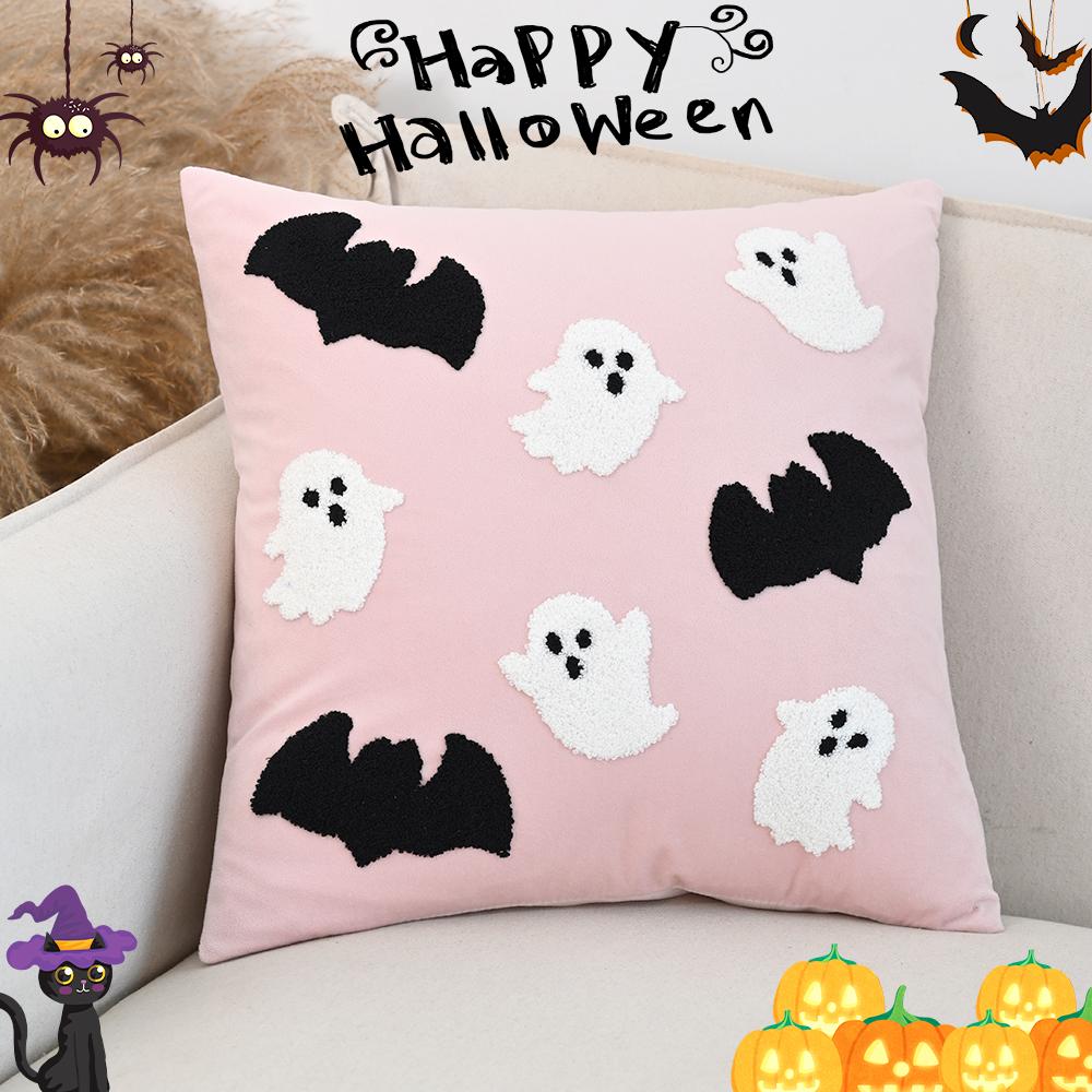 BUYNOW Halloween Pink Ghost Bat Embroidery Pillowcase Living Room Sofa18x18in Cushion Cover Home Bedroom Decor Cojines Para Sala