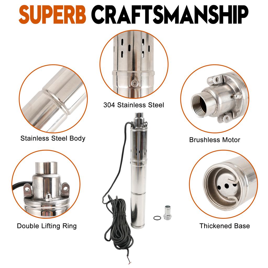 3" 24V 350W/48V 750W Deep Well Solar Submersible Bore Hole Water Pump Built-in MPPT