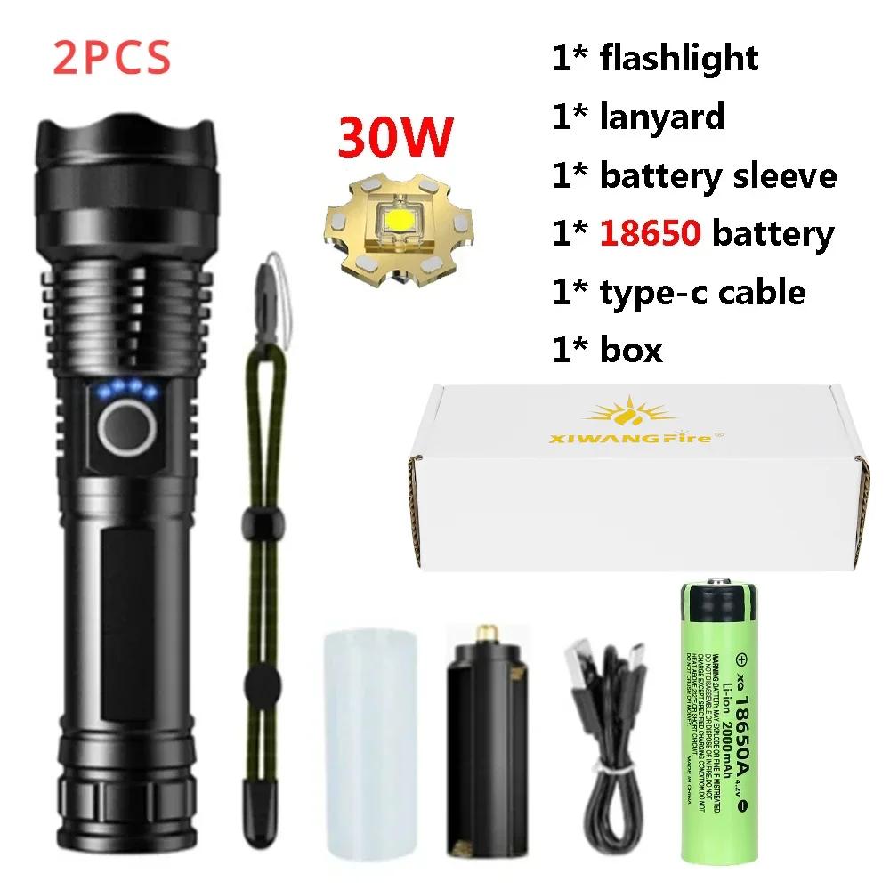30W High Power Led Flashlight Telescopic Zoom Portable USB Rechargeable LED Lamp Emergency Spotlights Outdoor Camping Torch