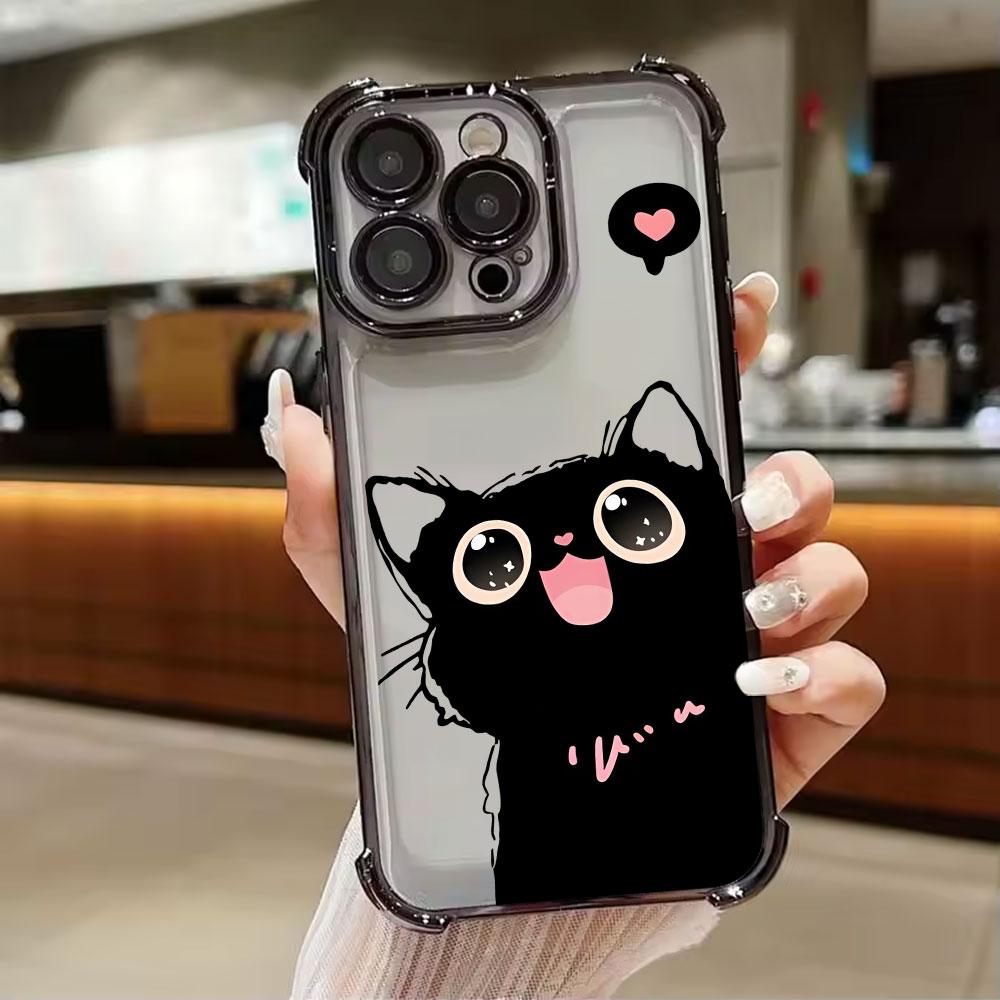 Black Cat Cartoon Art Phone Case for iPhone 11 13 15 16 17 Pro Max 14 Plus 17Air 16E 13 Pro 12 Mini 17Pro Shockproof Clear Cover