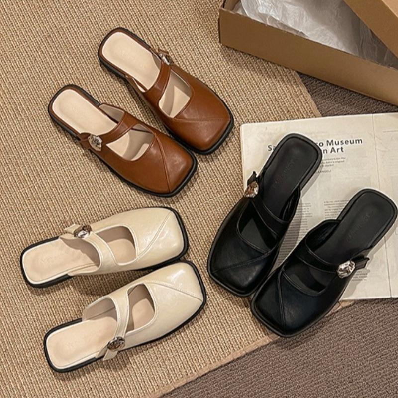 Mode Retrodesignade Fyrkantig Tå Casual Platta Halvtofflor för Kvinnor 2025 Nya Sommar Eleganta Mångsidiga Bekväma Slip on Tofflor