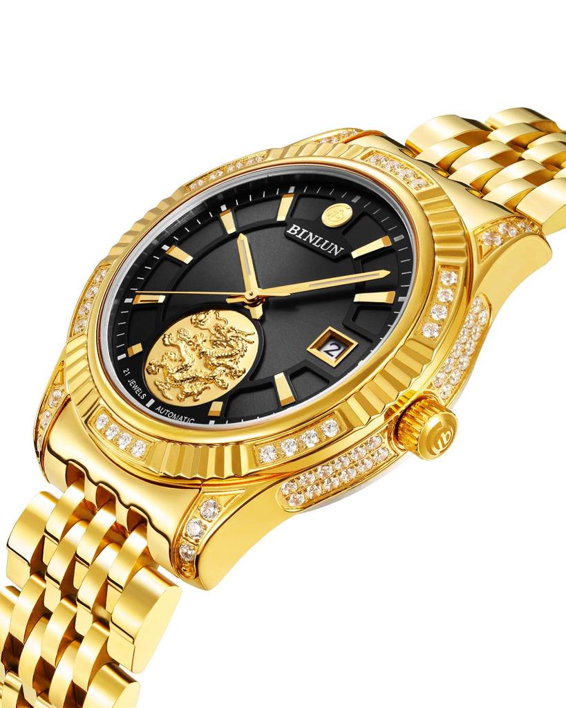 BINLUN Gold Mechanical Automatic Watch with Analog Date Stainless Casual Business Watch for Men Men's Display, Waterproof, Display, Steel, [Used]