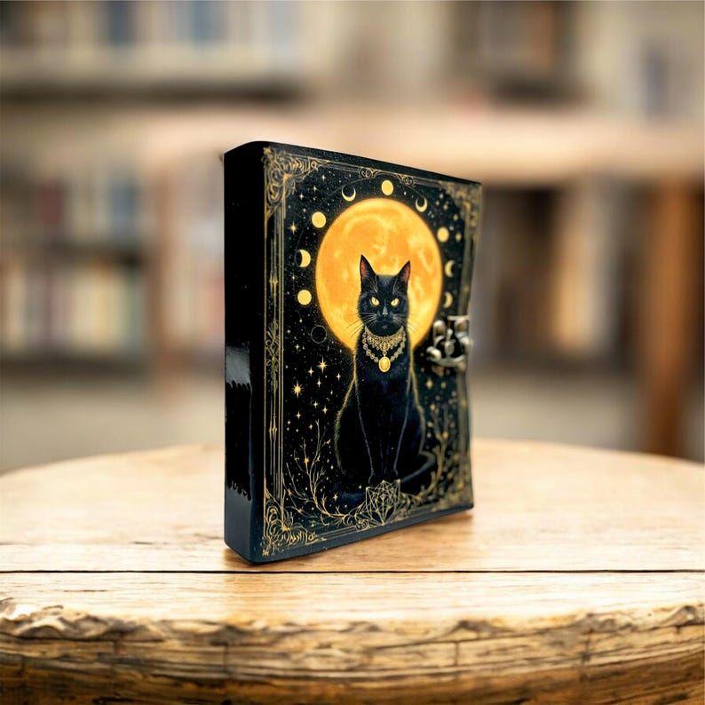 Mystic Black Cat Moon Journal | Gothic Grimoire Diary | Witchy Spell Book | Handmade Lock Journal