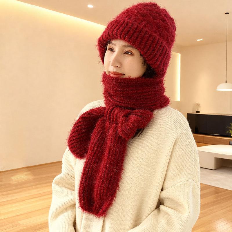 Damen Winter Doppelt Warme Strickmütze Gepolsterte Verdickte Mütze Schal Ein Stricknetz Rote Explosionsmodelle Wind- und Schneemützen