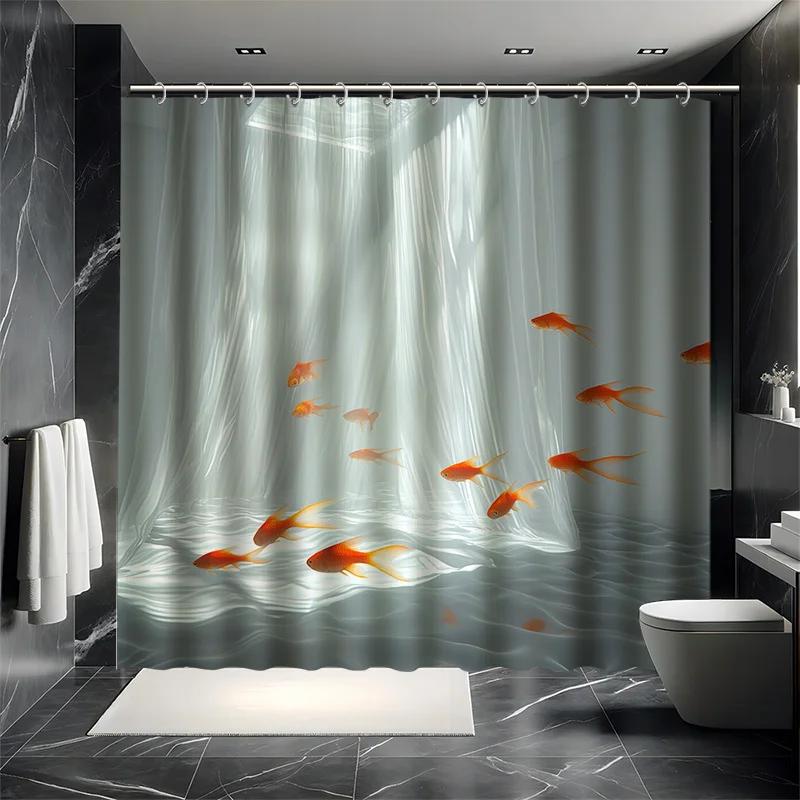 

Набор шторки для душа «Плавающие золотые рыбки», Художественный эффект, Минималистичный стиль, 12 крючков, Полиэстер, Разделитель для ванны, Современный декор для ванной W90xH180cm