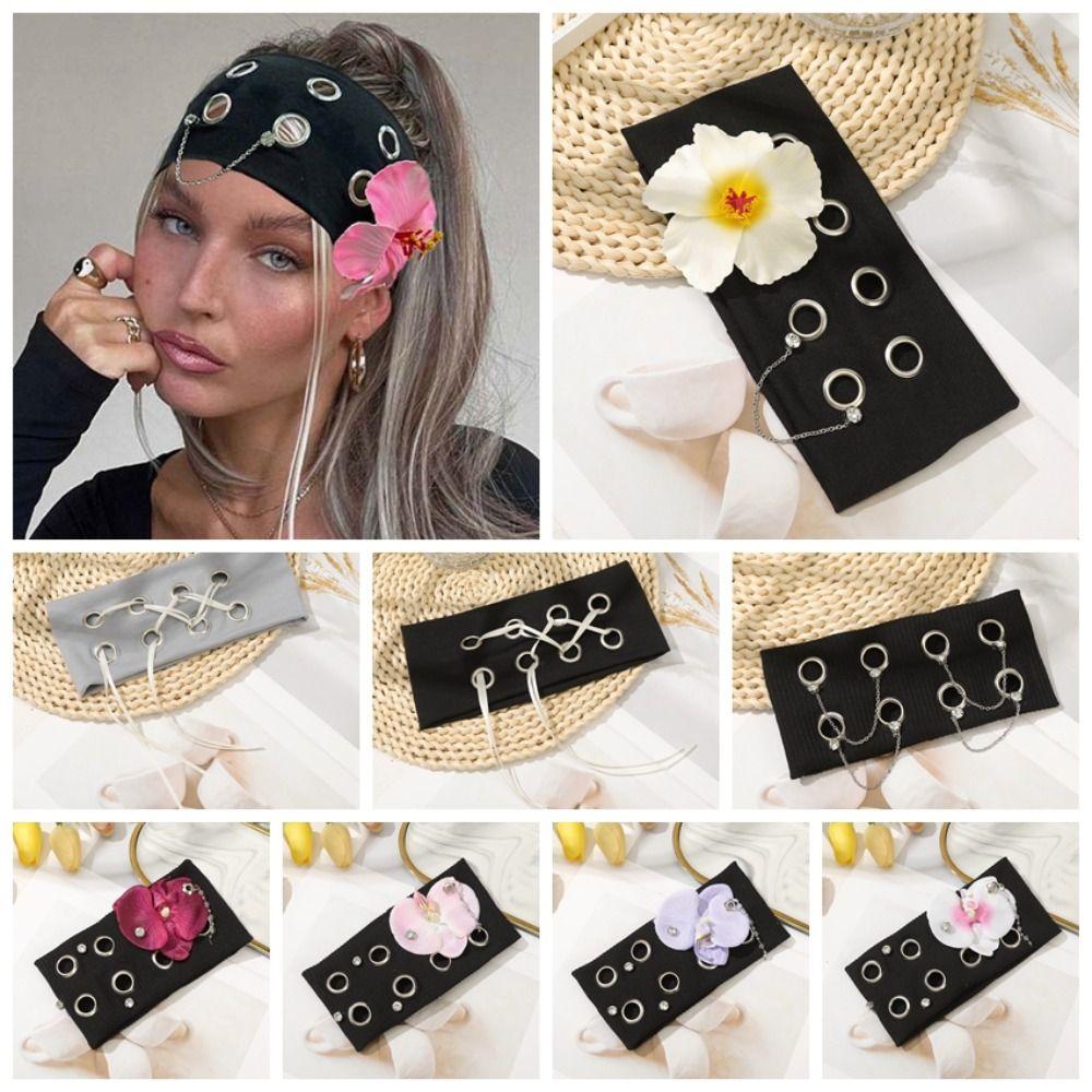 Hollow Out Flower Elastic Headband Hibiscus Rhinestone Chain Headscarf  Girls
