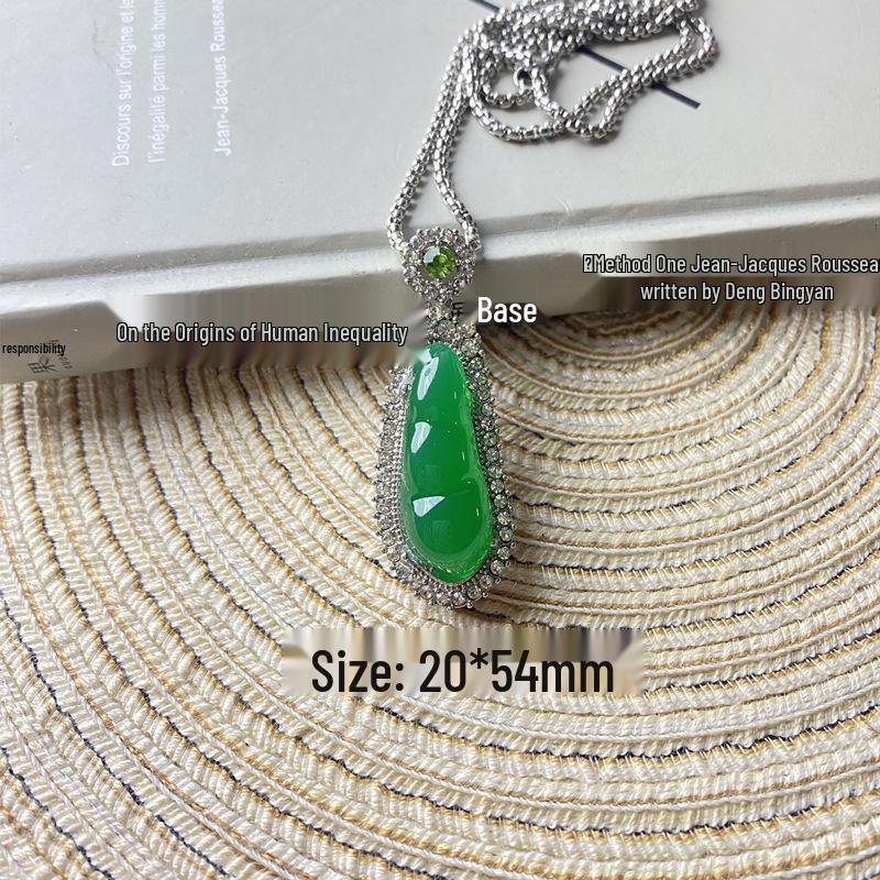 Imitation Jade Green Pendant Necklace with Diamond Accents and Stainless Steel Chain