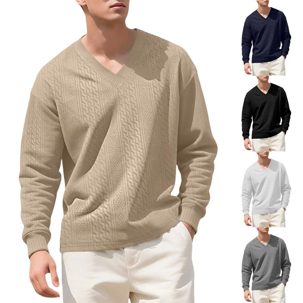 Spring Autumn Soild Color Jacquard V Neck Sweatshirt Knit Pullover Men's Casual Sweatshirts Long Sleeved Tops Sportwear