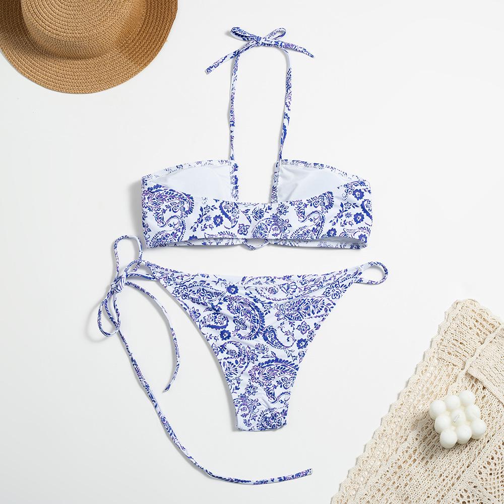 2024 European & American Solid Color Tie-Up Split Swimsuit: Women's Sexy Printed Backless Bikini