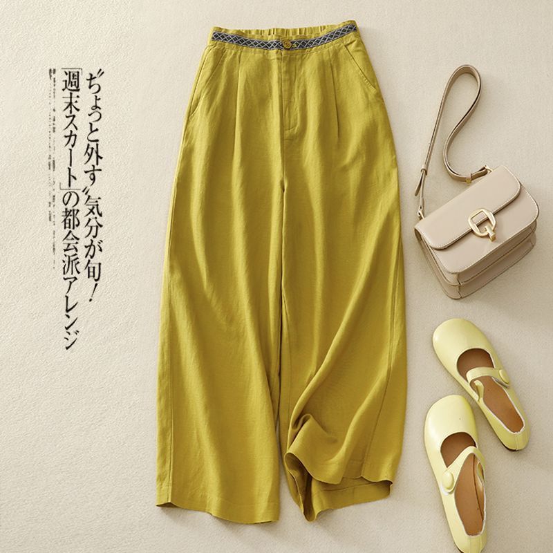Linen Wide Leg Pants Women Loose Flowy Versatile Cropped Trousers