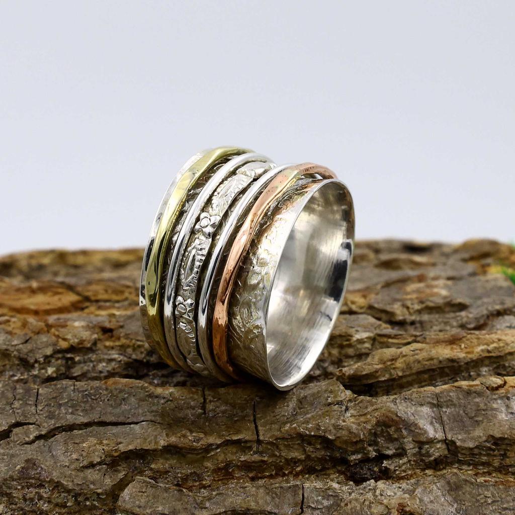 Bague Spinner Band, Bague à trois tons, Bague de créateur, Bague faite à la main, Bijoux fantaisie, Cadeau de mariage, Argent sterling 925
