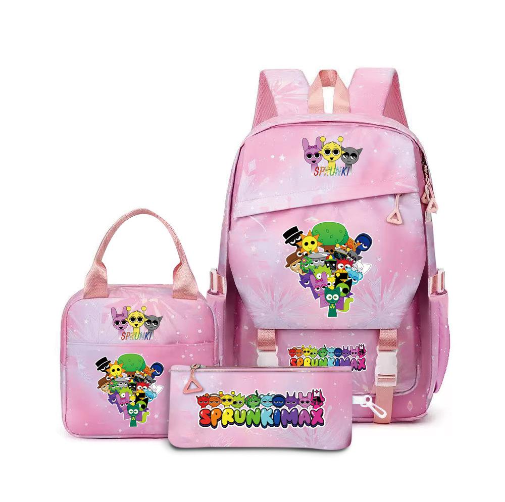 

Rhythm box music game heat transfer backpack Sprunki pink schoolbag portable lunch bag stationery pencil case D as the picture
