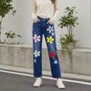 Floral Print Fashion Mid-Rise Straight Leg Jeans Women