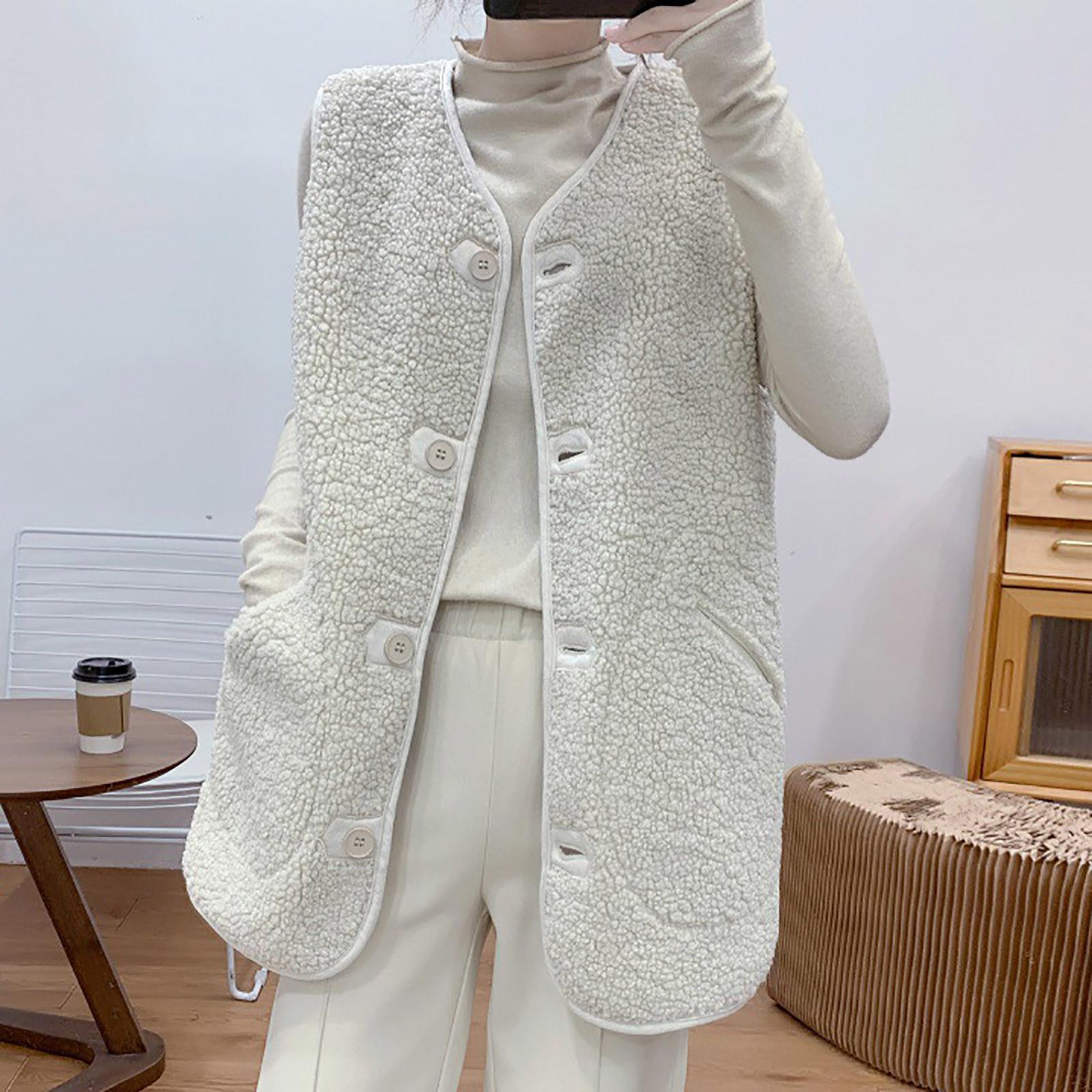 

Женский карманный жилет пальто куртка зимняя без рукавов флисовая пуговица однотонная верхняя одежда XXL бежевый