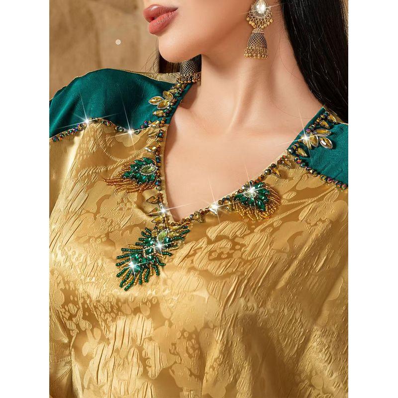 Middle East V-neck Handmade Beads Contrast Color Satin Stereo Jacquard Dress Handmade Beaded Dress